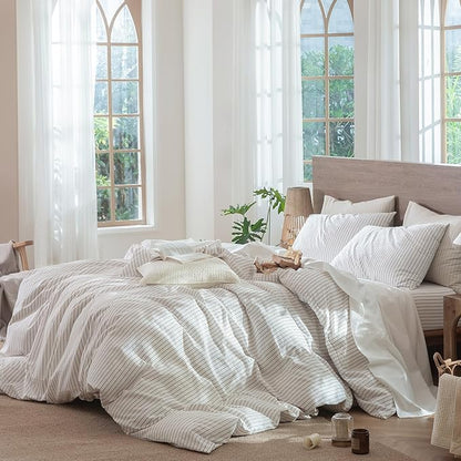 MooMee Striped Duvet Cover Set 100% Washed Cotton Linen Like Textured Breathable Durable Soft Comfy (White Orange Wide Stripes, Oversized Queen 98"x98")