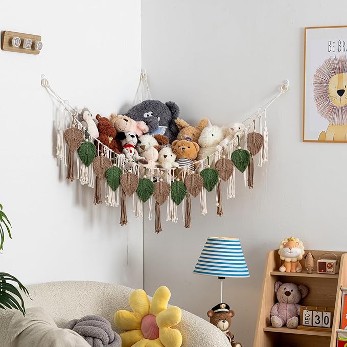 Pretty Jolly Stuffed Animal Storage with Hand Woven Leaf Tassels Hammock Corner Hanging Net Boho Macrame Plush Storage for Kid Room Nursery Decor Wall Display for Girls Gift(Green&Coffee)