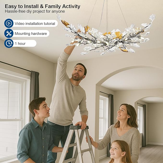 Modern Crystal Chandelier, L47 Rectangle Glass Ginkgo Leaf Chandeliers, Black Tree Branch Chandelier Over Dining 12-Light Farmhouse Chandeliers for Foyer Living Room Kitchen Island