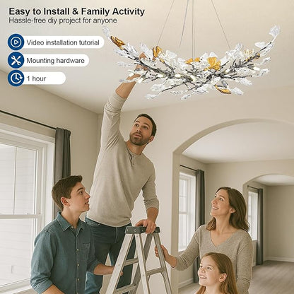 Modern Crystal Chandelier, L47 Rectangle Glass Ginkgo Leaf Chandeliers, Black Tree Branch Chandelier Over Dining 12-Light Farmhouse Chandeliers for Foyer Living Room Kitchen Island