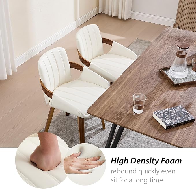 Dining Chairs Set of 2, Mid Century Modern Dining Room Chairs with Arms and Mid Back PU Leather Upholstered Bentwood Kitchen Chairs for Home Restaurant Office - Beige