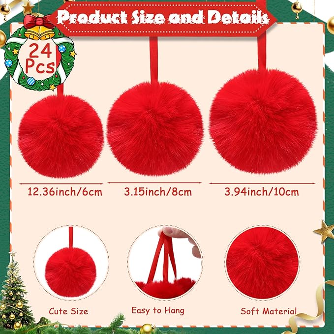 24 Pcs Red Furry Christmas Ball Ornaments for Tree 2.36/3.15/3.94 Inches Pom Pom Ball Christmas Hanging Decoration for Party Supplies Fireplace Mantel Wall Decor