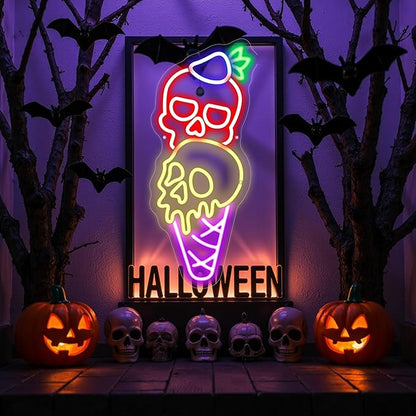 Ice Cream Skull Neon Sign, Quirky Gothic LED Wall Art,Skull Neon Light Ice Cream Neon Lighht Halloween Decor Wall Halloween Neon Sign Coffee Shop Decor, Christmas Party Bar Drink Shop-Red