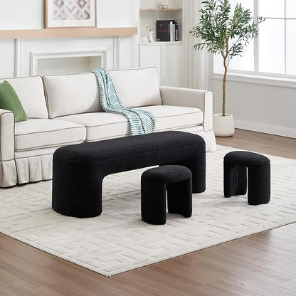3-Pieces Modern Upholstered Ottoman Waterfall Bench for Bedroom End of Bed Accent Chair, 53" Sherpa Entryway Bench Sets, Comfy Indoor Narrow Window Bench Bed Stool Living Room Bedroom, Black