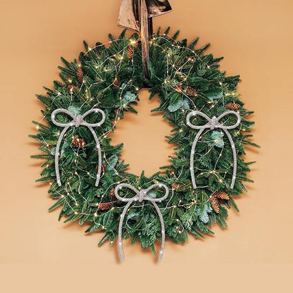 FLAIR GIFTS 6 Pcs 4.3" x 6" 2025 Christmas Bows for Tree Decor, Silver Sparkly Glitter Rhinestone Bow Ornaments with Twist Tie for Xmas Decoration, Wreath, Garland, Gift Wrapping