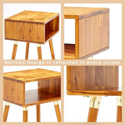 Bme Dinkee Solid Wood Nightstand Bedside Table Without Drawer for Mid Century Bedroom and Living Room, Caramel
