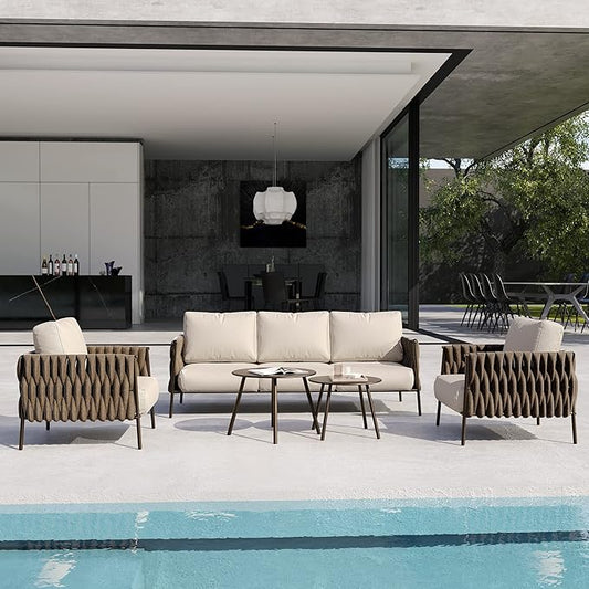 EAST OAK Life Chatter Patio Furniture Set 5 Pieces, Outdoor Chair 5-Seat with Two Round Table, Waterproof Thick Cushion Deep Seating for Porch, Balcony, Chestnut Brown & Creamy Apricot