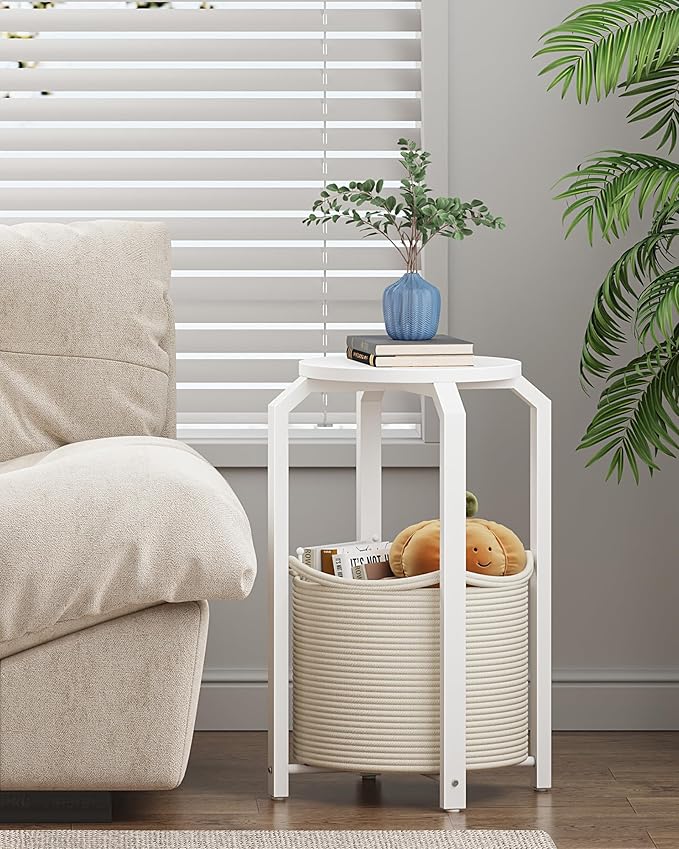 TUTOTAK Small Side Table, Round End Table, Night Stand, Bedside Table, Set of 2, Sofa Table with Storage Basket, Living Room, Bed Room, White TB01BW0922