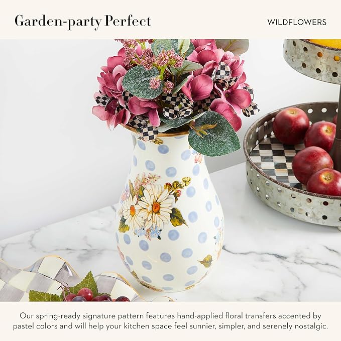 MACKENZIE-CHILDS Tall Enamel Vase, Unique Flower Vase-Decor for Living Room, Blue Wildflowers