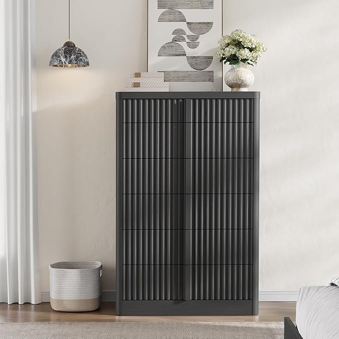 Fluted Dresser for Bedroom, 48" Tall 6 Drawer Dresser, Modern Chest of Drawers with Solid Wood Handle, Curved Profile Design, Wood Dressers Storage Organizer, Living Room, Hallway, Black