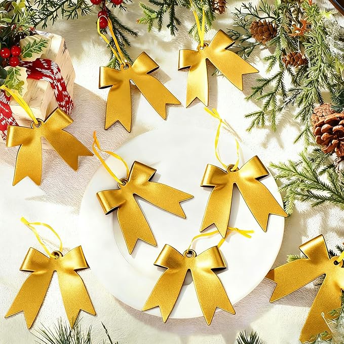 12 Pcs 2025 Christmas Metal Bow Ornaments Bulk for Christmas Tree Garland Wreath Fireplace Vintage Gold Bow Ornaments Indoor Outdoor Home Xmas Party Decorations