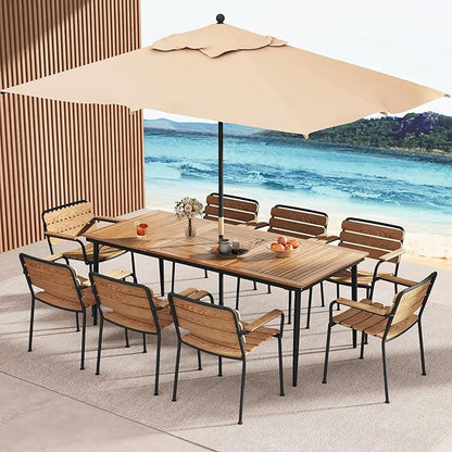 Tangkula Outdoor Dining Table for 8, 79 Inch Acacia Wood Patio Table with 1.9” Umbrella Hole, Metal Frame & Anti Slip Foot Pads, Indoor Bistro Table for Poolside, Garden & Deck