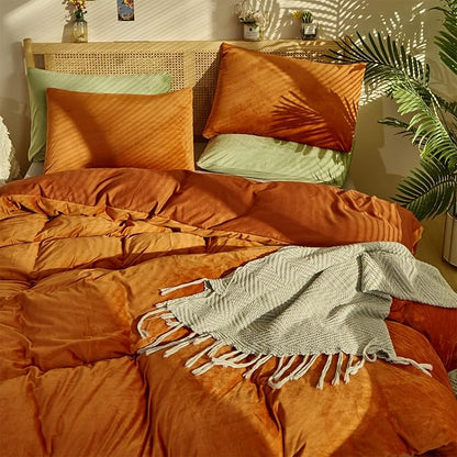 CLOTHKNOW Burnt Orange Fluffy Queen Comforter Set 3Pcs Velvet Bedding Comforter Sets Rust Comforter Terracotta Comforter Queen with 2 x Pillow Cases