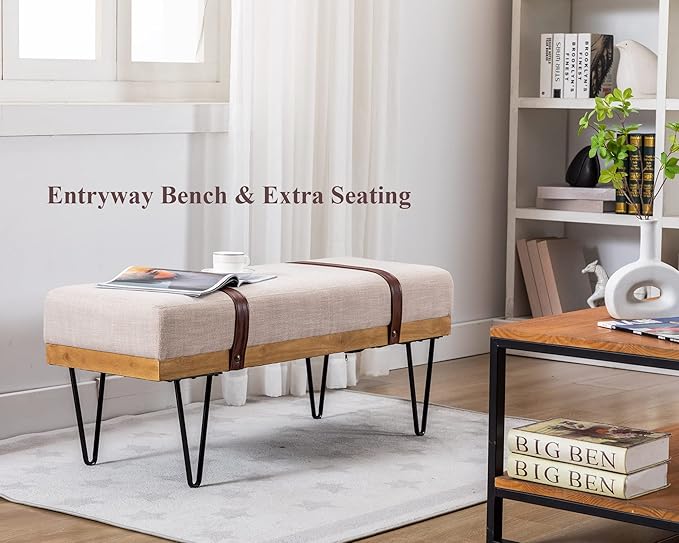 DUOMAY Industrial Modern Linen Rectangle Ottoman Bench with PU Strap and Metal Legs, Mid Century Dining Table Bench Footstool Entryway Shoe Bench for Bedroom Dining Room Living Room, Beige