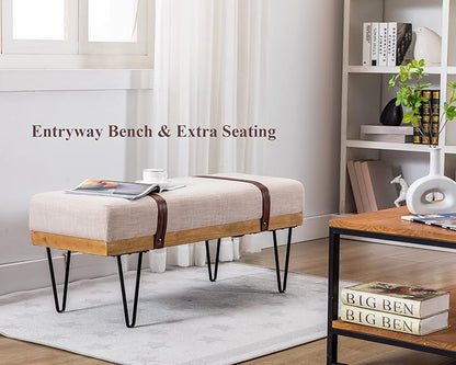 DUOMAY Industrial Modern Linen Rectangle Ottoman Bench with PU Strap and Metal Legs, Mid Century Dining Table Bench Footstool Entryway Shoe Bench for Bedroom Dining Room Living Room, Beige