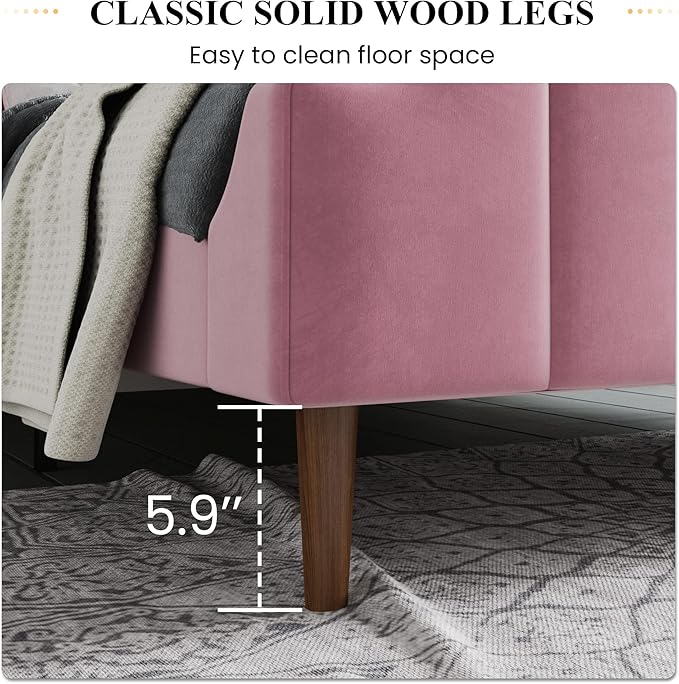 SHA CERLIN Upholstered Queen Size Bed Frame with Modern Curved Velvet Wingback Headboard, Heavy Duty Wood Platform Bed with Strong Wood Slat Support, No Box Spring Needed, Pink