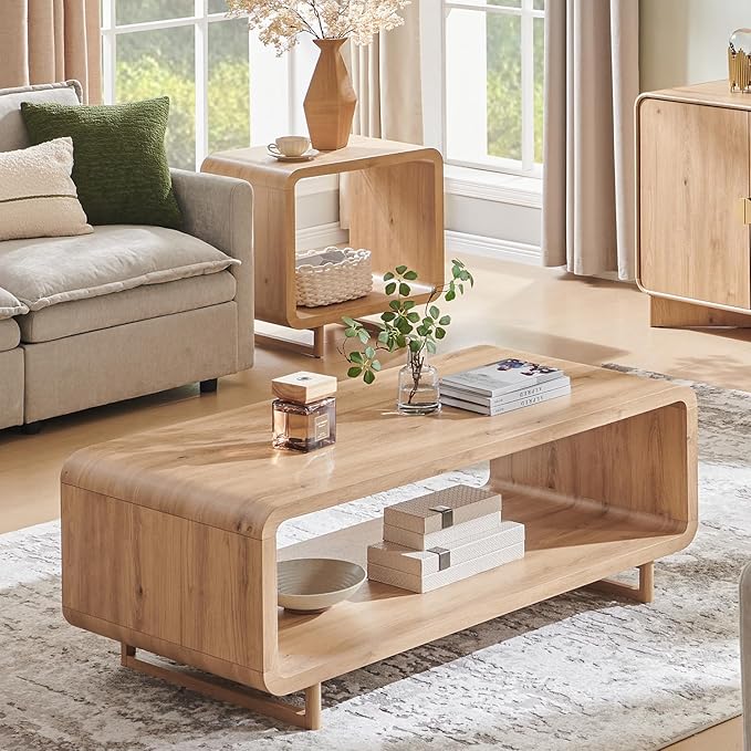48" Modern Coffee Table, 2-Tier Minimalist Center Table with Storage Shelf, Curved Profile Design, Wooden Rectangular Living Room Table w/Wood Thick Design for Living Room, Office, Natural Oak