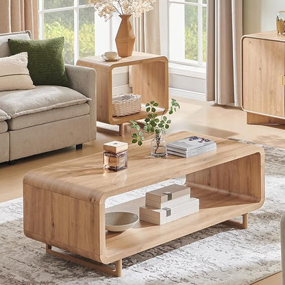 48" Modern Coffee Table, 2-Tier Minimalist Center Table with Storage Shelf, Curved Profile Design, Wooden Rectangular Living Room Table w/Wood Thick Design for Living Room, Office, Natural Oak