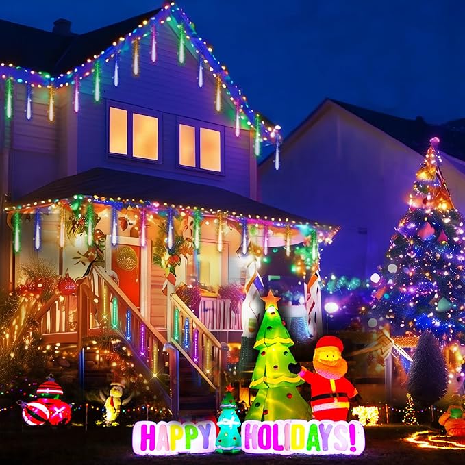 Outdoor Christmas Decorations: Meteor Shower Rain Lights Outdoor 24Tubes(Equivalent to 3 Sets of 8-Tubes) Icicle Christmas Lights for Halloween Xmas Yard Home, Multi Color