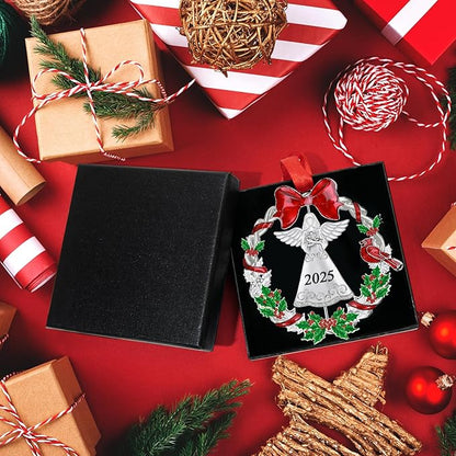 Christmas Ornament 2025 for Christmas Tree Decorations, Dated 2025 Christmas Wreath Ornament with Rotatable Angel for Holiday Decorative Keepsake Gift(Metal,1 Pack)