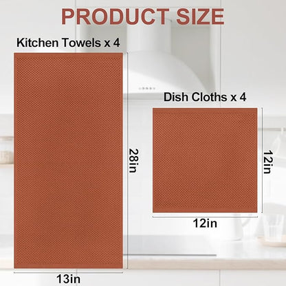 Homaxy 100% Cotton Kitchen Towels and Dishcloths Set, 12 x 12 Inches and 13 x 28 Inches, Set of 8 Bulk Kitchen Towels Set, Ultra Soft Absorbent Dish Cloths for Washing Dishes, Rust