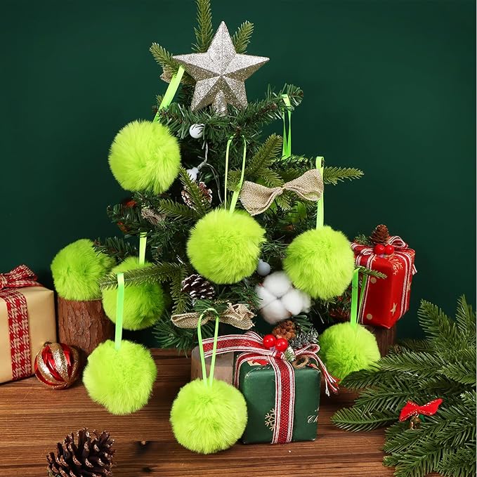 24 Pcs Lime Green Furry Christmas Ball Ornaments 3.15 Inch Xmas Tree Green Hanging Decorations Soft Faux Fur Pom Pom Ball Ornaments for Home Christmas Party Supplies Fireplace Mantel Wall Decor