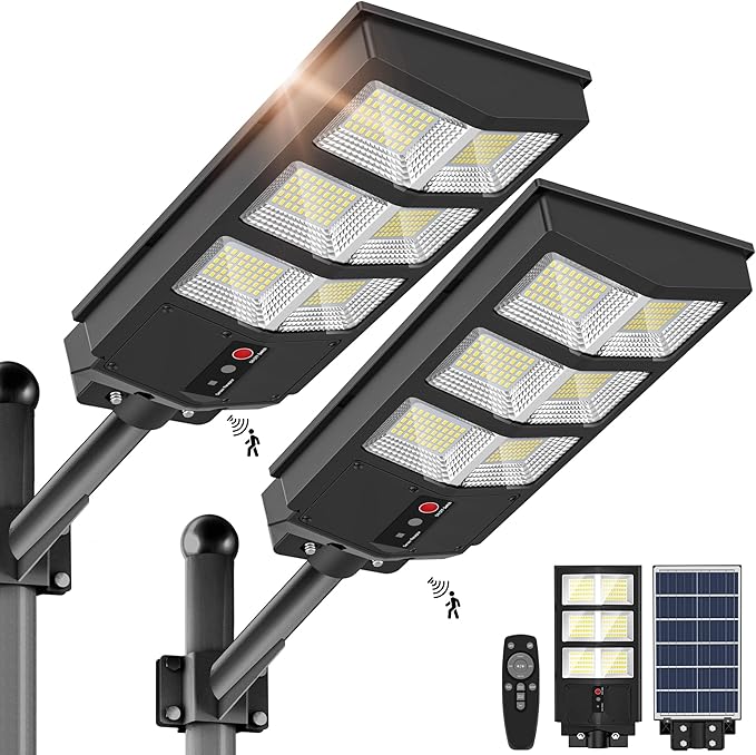 Solar Lights Outdoor - Wide Angle 6500K Solar Street Lights Outdoor Motion Sensor, Street Light IP66 Waterproof, Parking Lot Light Dusk to Dawn with Remote Control (2Pack)