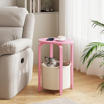TUTOTAK Small Side Table, Oval End Table, Night Stand, Bedside Table, Sofa Table with Storage Basket, Living Room, Bed Room, Pink TB01BP093