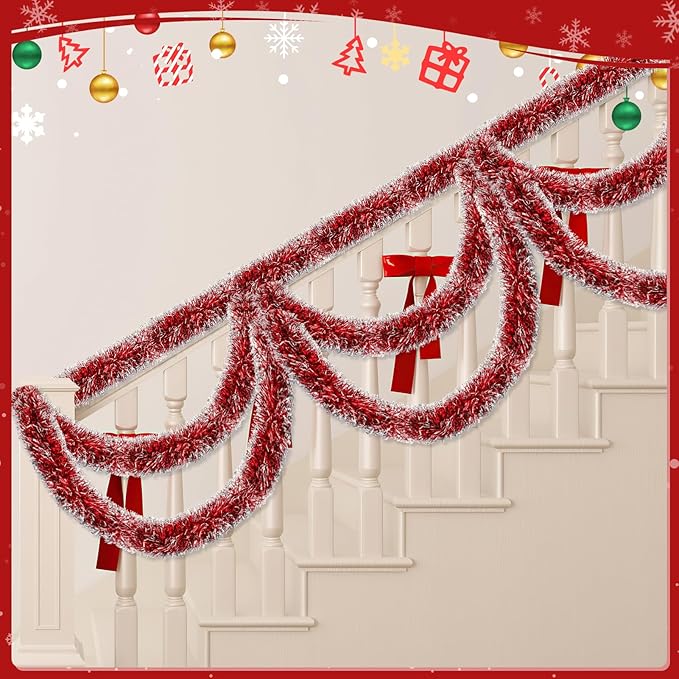 50ft Red&White Christmas Tinsel Garland Christmas Tree Garland Decorations Metallic Tinsel Glitter Twist Garlands Hanging Streamers for Indoor Xmas Holiday Decor