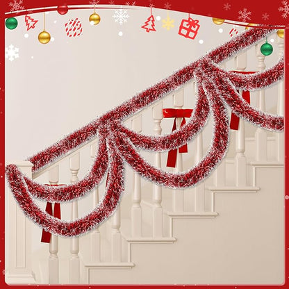 50ft Red&White Christmas Tinsel Garland Christmas Tree Garland Decorations Metallic Tinsel Glitter Twist Garlands Hanging Streamers for Indoor Xmas Holiday Decor