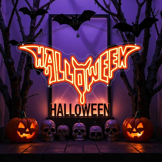 Halloween Bat Shaped Neon Sign Spooky Red LED Wall Decor For Haunted House Party Gothic Bar Room Glowing Halloween Decoration Outdoor Use Bedroom Home Decor Bar LED Decoration Light-Orange
