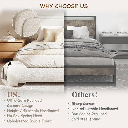 Queen Size Boucle Bed Frame, Cloud Upholstered Platform Bed with Height Adjustable Headboard & Soft Rounded Corners, No Box Spring Needed, Noise Free, Easy Assembly, White