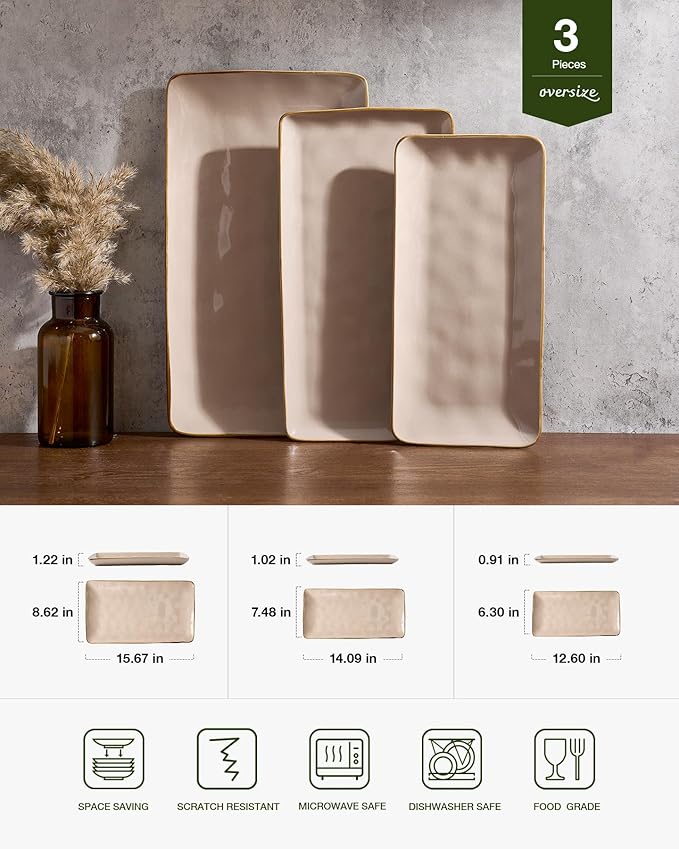 famiware Serving Platter, Rectangular 15.67/14.1/12.6 inch Serving Dishes for Entertaining, Microwave Dishwasher Safe, Stonware for Party, Turkey, Cheese, Ocean Series, Cinnamon Brown