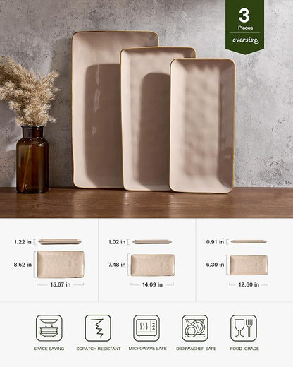 famiware Serving Platter, Rectangular 15.67/14.1/12.6 inch Serving Dishes for Entertaining, Microwave Dishwasher Safe, Stonware for Party, Turkey, Cheese, Ocean Series, Cinnamon Brown