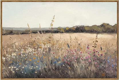 KBKBART Framed Vintage Wall Art Prints, Retro European Country Autumn Wildflower Field Landscape Canvas Painting Farmhouse Decor, Rustic Antique Framed Canvas Wall Art for Bathroom, Bedroom, Living