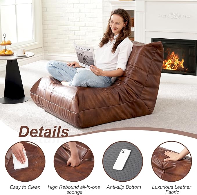 Hobestluk Giant Bean Bag Chair Lazy Floor Sofa, Fireside Sofa for Adults, Big Beanbag Faux Leather Armless Chair for Living Room Bedroom Dorm Office (Brown, Single)