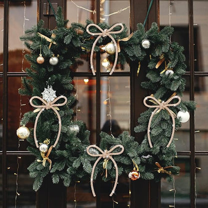 FLAIR GIFTS 12 Pcs 4.3" x 6" 2025 Christmas Bows for Tree Decor, Champagne Gold Sparkly Glitter Rhinestone Bow Ornaments with Twist Tie for Xmas Decoration, Wreath, Garland, Gift Wrapping