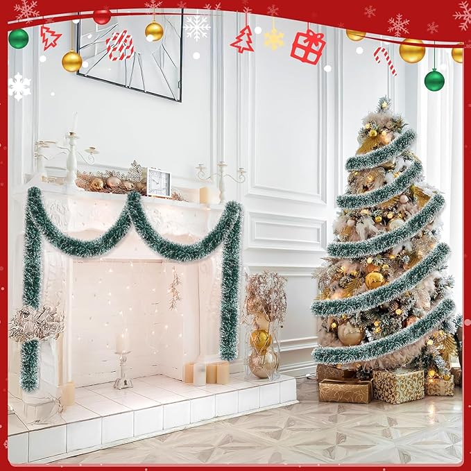 Lush Christmas Tinsel Garland, Dark Green & White Radiant Metallic Twist Streamers for Holiday Decor, Plush & Full Xmas Tree Garland for an Elegant Festive Atmosphere, Indoor & Outdoor Party Supplies