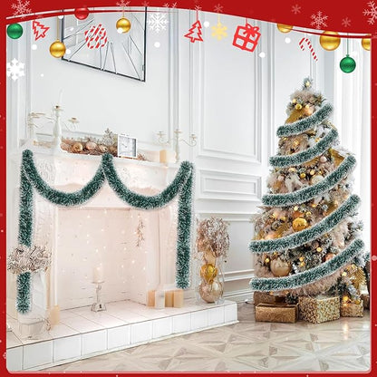 Lush Christmas Tinsel Garland, Dark Green & White Radiant Metallic Twist Streamers for Holiday Decor, Plush & Full Xmas Tree Garland for an Elegant Festive Atmosphere, Indoor & Outdoor Party Supplies