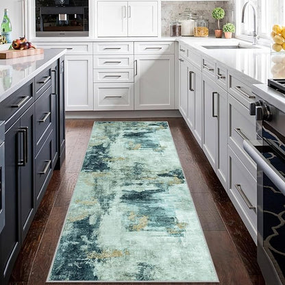 Runner Rug for Hallways Kitchen 2'6"x8' Washable Non Slip: Carpet Non Skid 8ft Entryway Rubber Backed 8 Feet Neutral Abstract Modern Rug Low Pile Pet Friendly Indoor Teal Grey Gold