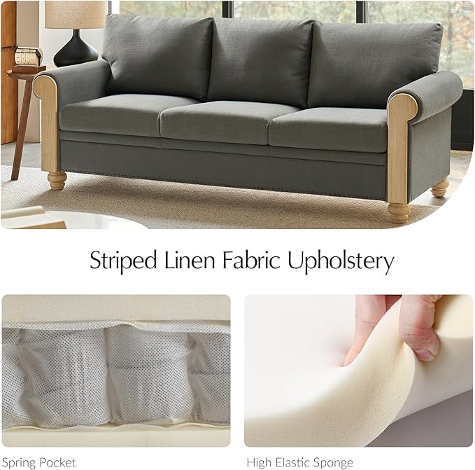 EcoHarbor Living 3-Seater Couch, Stripe 81" Mid-Century Modern Upholstered Sofa with Armrests, Stripe Couches for Living Room, Bedroom, Office, Apartment, Charcoal