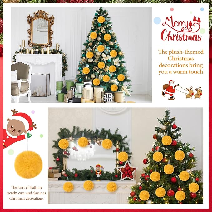 12Pcs Furry Christmas Ball Ornament for Xmas Tree Yellow Soft Faux Fur Pom Pom Ball Ornaments Christmas Tree Hanging Decorations for Winter Party Home Decor Costume Supplies