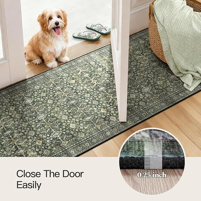 Lofus 2X 8 Runner Rug for Hallways,Green Washable Runner Rugs with Non Slip Rubber Backing, Low Pile Soft Carpet Runner for Kitchen Bathroom Bedroom Laundry