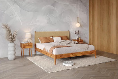 Bme Selina King Bed Frame and Headboard - Handcrafted Paper Cord Headboard, 12-Slat Support, No Box Spring Needed - Easy Assembly, Caramel