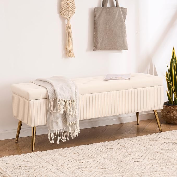 Velvet Storage Bench for Bedroom, Upholstered End of Bed Bench Modern Tufted Ottoman with Gold Legs for Living Room/Window/Entryway(Ivory White, Rectangle-45.5" W)