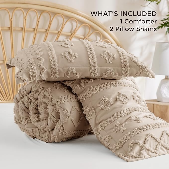 Bedsure Tufted Boho Comforter Set California King Size - Khaki Boho Bed Set, GentleSoft™ 3 Pieces Farmhouse Shabby Chic Embroidery Bedding, Gifts for Woman, Soft Jacquard Comforter for All Seasons