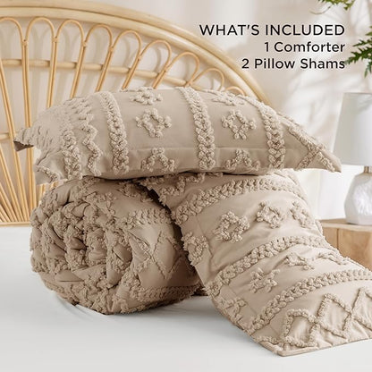 Bedsure Tufted Boho Comforter Set California King Size - Khaki Boho Bed Set, GentleSoft™ 3 Pieces Farmhouse Shabby Chic Embroidery Bedding, Gifts for Woman, Soft Jacquard Comforter for All Seasons