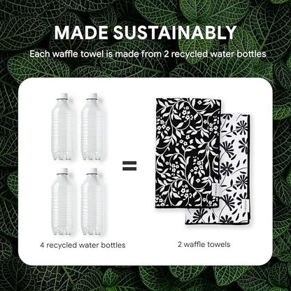 RECYCO Waffle Kitchen Towels Set of 2 Quick Dry Microfiber Sustainable Lightweight Hand Towels Black White Florals 16x28