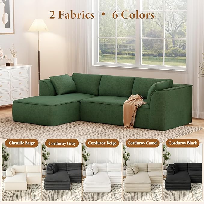 Vesgantti 106" Cloud Couch Sectional Modular Sofa, Deep Seat Comfy Cloud Couch Chenille Sofa Modular Couches for Living Room Bedroom, No Assembly Required (Green, Left-Facing Chaise)