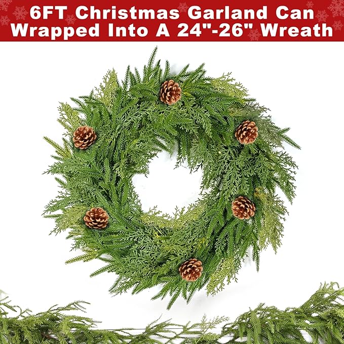 Extra Thick&Lush-6 Ft by 10 Inch Real Touch Norfolk Pine Garland,Christmas Garland Artificial Realistic Soft Thickness Greenery Pine Cypress Pinecones Garlands for Mantle Fireplace Home Indoor Outdoor